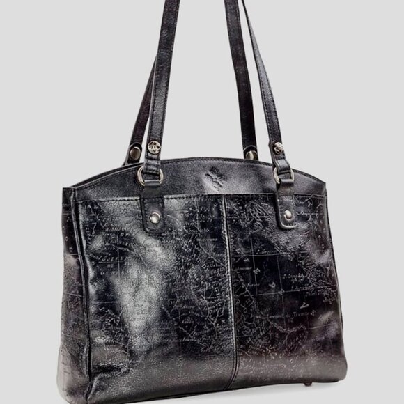 Patricia Nash Purse Tote  Shoulder Bag Black Leather  Embossed Map - Picture 2 of 8